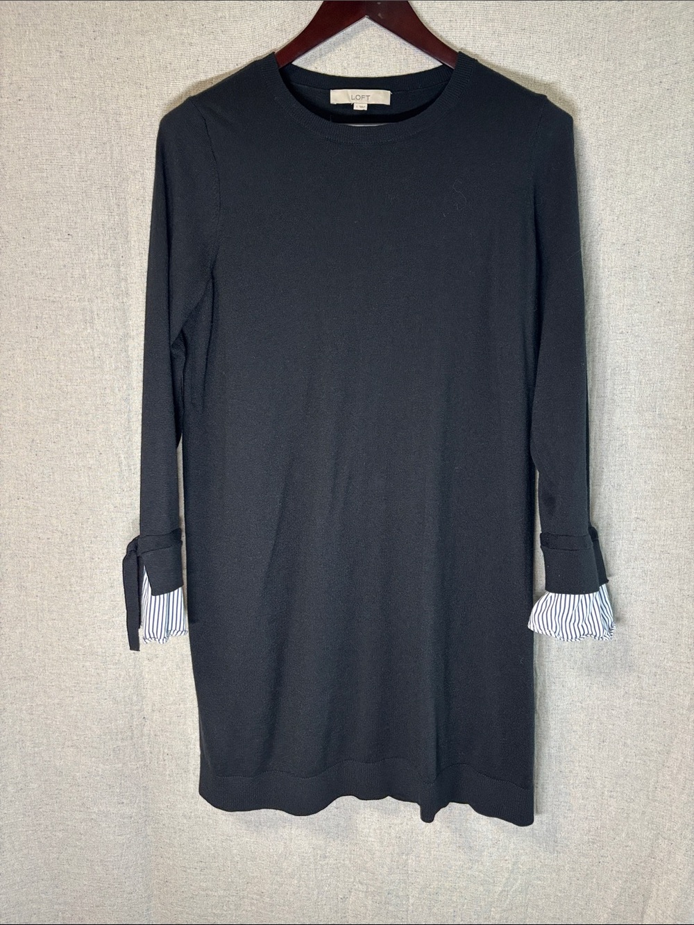 LOFT Black Knit Dress with Striped Cuff Tie Detail